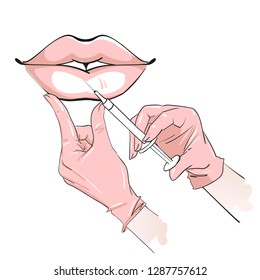 Cosmetic injection in the lower lip. Beautiful big lips. Plastic and aesthetic surgery. Plump sexy full lips. Medical treatment concept. Spa beauty concept. Hand drawn vector illustration. 