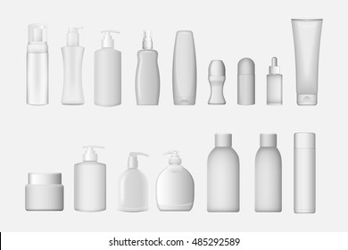 Cosmetic Isolated Product. 3d Tube, Dispenser For Cream, Spray, Foam, And Other Cosmetics Product. Bottle Template And Tube Mockup. White Clear Soap Bottle Vector Illustration.