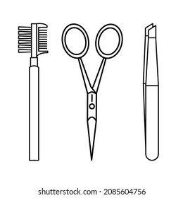 Cosmetic items for eyebrows - eyebrow lash comb, scissors, tweezers. Makeup vector line icons. Beauty symbols isolated on white background. Illustration EPS 10