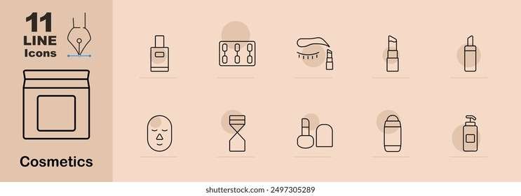 Cosmetic items line icons. Skincare jar, nail polish, capsule, eyebrow, mascara, lotion, face mask, hourglass, lipstick, cream, pump bottle. Linear beauty product illustrations