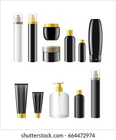 Cosmetic Items Packaging- realistic vector tubes, bottles, jars templates set. White background. Use clip art elements to present make up, perfume, soap, deodorant, toilet water, gel, shampoo, cream