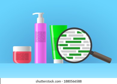 Cosmetic jar, bottle and tube, review of ingredients of cosmetic product using magnifier. Green blocks are indicating natural eco-friendly ingredients in composition of beauty or care product