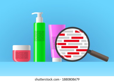 Cosmetic jar, bottle and tube, review of ingredients of cosmetic product using magnifier. Red blocks are indicating dangerous harmful ingredients in composition of beauty or care product