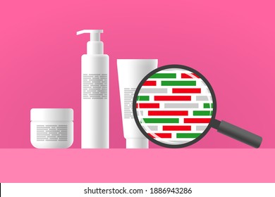 Cosmetic jar, bottle and tube, review of ingredients of cosmetic product using magnifier. Green blocks as natural ingredients, red blocks as dangerous ingredients in composition of care product