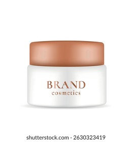 Cosmetic jar with bronze lid, realistic vector packaging mockup on white background
