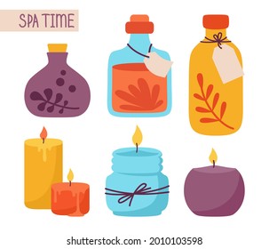 Cosmetic jar and candle flat cartoon set. Skincare, spa aromatherapy, oil lotion or soap for beauty. Skin care and treatment, me time concept. Natural eco organic cosmetic. Female body health vector