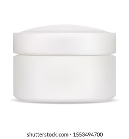 Cosmetic jar. Cream packaging blank isolated. Vector plastic pot front view. Scrub, lotion or butter container mockup template. Empty creme or powder package for brand. Skin care gel tube