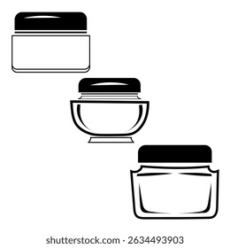 Cosmetic jar icons. Beauty container set. Black lid design. Vector flat style.
