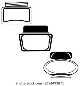Cosmetic jar icons. Skincare pot variety. Black cap curve. Vector sleek outline.