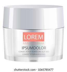 Cosmetic jar with lid. Realistic Vector Illustration. Glass or plastic package for body cream, butter, scrub, bath salt, gel, skin care, powder. 3d mockup design.