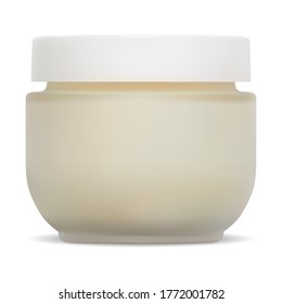 Cosmetic jar mockup. Cream packaging with plastic lid. Face skin creme glass bottle design without label. Makeup powder container for corporate branding. Beauty product package blank