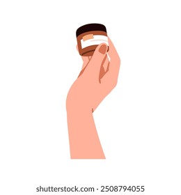 Tarro cosmético con crema hidratante en la mano. Sosteniendo hidratante de la piel de la cara, máscara natural del balneario, producto del cuidado de piel de la belleza, esencia en empaquetado. Ilustración vectorial plana aislada sobre fondo blanco