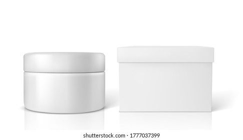 Cosmetic jar with packaging box mockup isolated on white background. Vector illustration