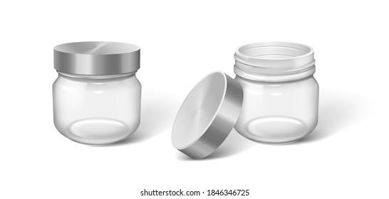 Cosmetic jar. Realistic cream bottle set. Transparent containers without logo. Round plastic packaging for body lotion or skin care. Beauty product package mockup. Vector illustration