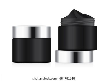 
Cosmetic jar with silver lid opened to showing black foundation cream. illustration about mock up.