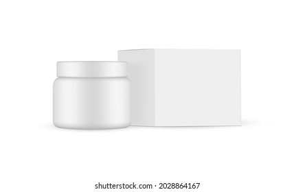 Cosmetic Jar with Square Box Mockup Side View, Isolated on White Background. Vector Illustration