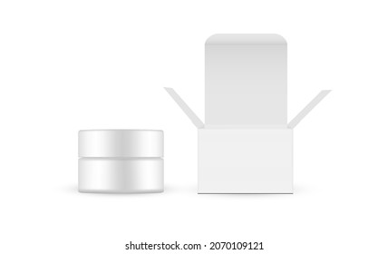 Cosmetic Jar and Square Box Mockup with Opened Lid, Front View, Isolated on White Background. Vector Illustration
