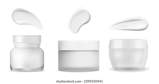 Frasco cosmético. Empaque de crema blanca con trazo de textura. Plantilla vectorial redondeada de frasco de vidrio realista con gota de frotis. Mockup de botellas de cuidado de la piel, tapa de plástico. Frasco de crema en blanco para etiqueta