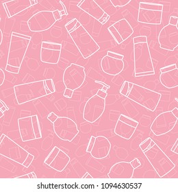 Cosmetic jars and bottles background. Seamless colorful pattern with various cosmetics cans. Beauty and care for the body.