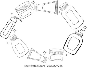 Frascos de cosméticos, garrafas em moldura oval . Ilustração de linha desenhada à mão com gráfico em tinta preta e branca. Engrafite vetorial de modelo redondo

