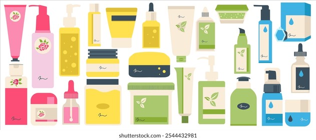 Tarros cosméticos. Colección de botellas y tubos de colores con ilustración plana de Vector de cosméticos orgánicos. Conjunto de cosméticos para la piel en el cuidado de la piel coreano aislado en blanco. Composición ecológica natural.