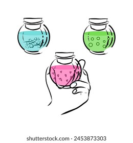 Cosmetic jars colored and feminine hands in Doodle style. For salon designs, cosmetics, for beauty sphere. Vector illustration drawn by hand