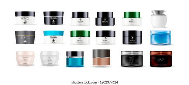 Cosmetic jars mockup template set. Different color cosmetics packaging glass or plastic made with lids. Blank containers for cream, salt, ointment, gel, butter, skin care, powder. Vector illustration.