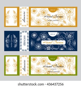 Cosmetic label.Floral  labels for hand cream box.Vector packing concept.