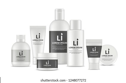 Cosmetic labels packages. Blank containers for cream beauty makeup box and tubes or bottles vector mockup realistic