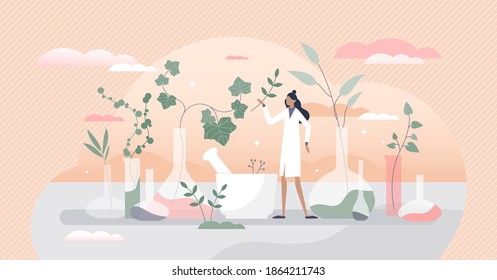 Cosmetic laboratory with herbal skincare product creation tiny person concept. Chemist natural flora research for makeup industry, essential oils and hygiene creams ingredients vector illustration.