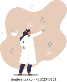 Cosmetic laboratory with herbal skincare product creation.Chemist natural flora research for makeup industry.flat design with people.