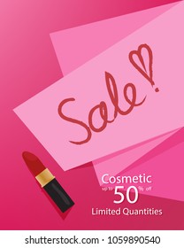 Cosmetic ladies sale template banner, discount clearance up to 50% off, with a pink paper and lipstick on a pink background,Vector illustration design,EPS10.