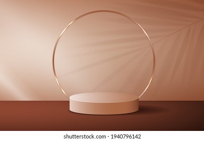 Cosmetic light brown background and premium podium display for product presentation branding and packaging presentation. studio stage with shadow of leaf background. vector illustration design.