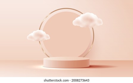 Cosmetic light brown background and premium podium display for product presentation branding and packaging. studio stage with cloud of background. vector design.