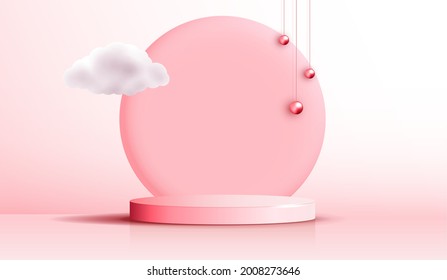 Kosmetisch-hellbrauner Hintergrund und Premium-Podium-Display für die Produktpräsentation Branding und Verpackung. Studiobühne mit Wolke und rosafarbener Perle auf Hintergrund. Vektordesign.