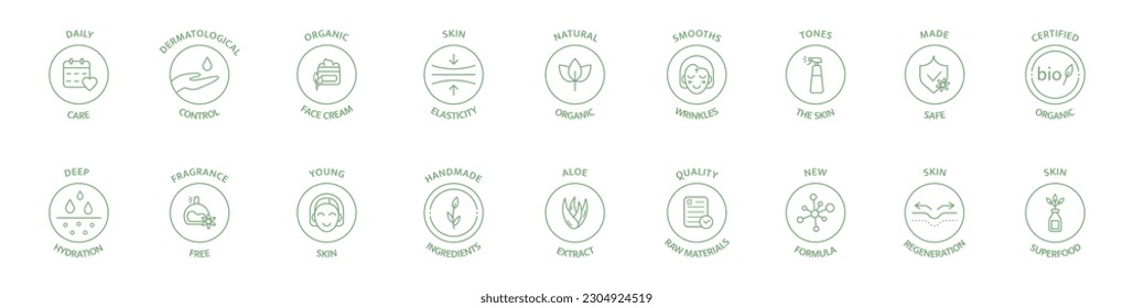 Cosmetic line icon set. Natural organic cosmetic. Bio product sticker. Skin superfood. Certified organic. GMO free. Product free allergen label. Dermatological control. Vegan. Vector illustration.