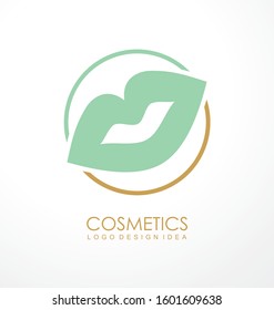 Cosmetic line logo design idea with mint green lips in line circle. Beauty and spa symbol or emblem template. Fashion or makeup products vector icon illustration.