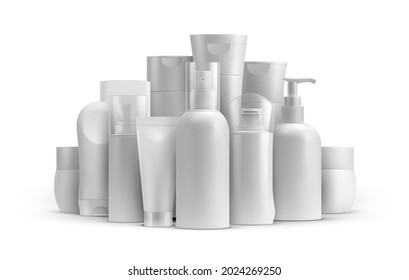 Cosmetic line product bottle and tube packages mockup. Cream, spray balsam, soap and shampoo container. Skincare and hygiene vector template. Illustration of cosmetic package and tube