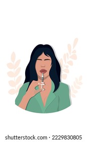 Cosmetic lip augmentation procedure. Young woman with injecting woman's lips vector illustration.