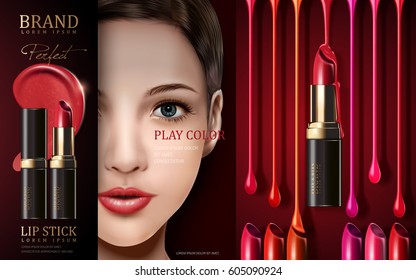 cosmetic lipstick ad, with model face and stage light, 3d illustration