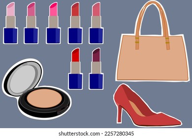 cosmetic lipstick foundation powder compact shoe bag lady sticker vector set