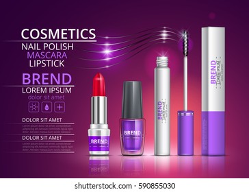 Cosmetic lipstick, mascara and nail polish. Packaging design from the logo on the purple background. Vector illustration.