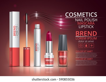 Cosmetic lipstick, mascara and nail polish. Packaging design logo on red background. Vector illustration.