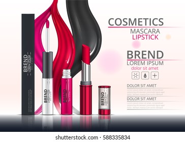 Cosmetic lipstick and mascara. Packaging design of black, white and red. Vector illustration