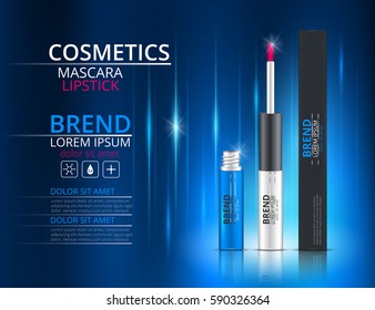 Cosmetic lipstick and mascara. Packaging design logo on a blue background. Vector illustration.