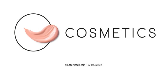 Cosmetic Logo concept. Design of Lliquid foundation smudge smear stroke. Makeup design template with place for text. Foundation and lipstick smear stroke
