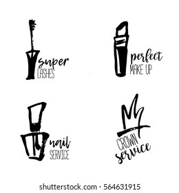 Cosmetic logo in hand drawn style, makeup, for beauty salon, stylist vector branding design with lipstick, nail polish, crown, mascara