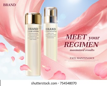 Cosmetic lotion ads, pearl white bottle with floating silk fabric and floral petal elements in 3d illustration, blue sky background