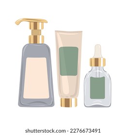 Cosmetic lotion with dispenser, Moisturizing cream in luxury tube and serum with dropper in transparent glass bottle. Vector illustration