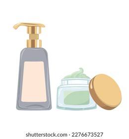 Cosmetic lotion with dispenser and Nourishing green face cream in transparent glass jar. Vector illustration